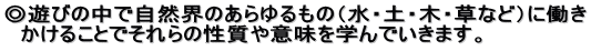 ◎遊びの中で自然界のあらゆるもの（水・土・木・草など）に働き 　かけることでそれらの性質や意味を学んでいきます。