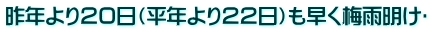昨年より20日(平年より22日)も早く梅雨明け‼